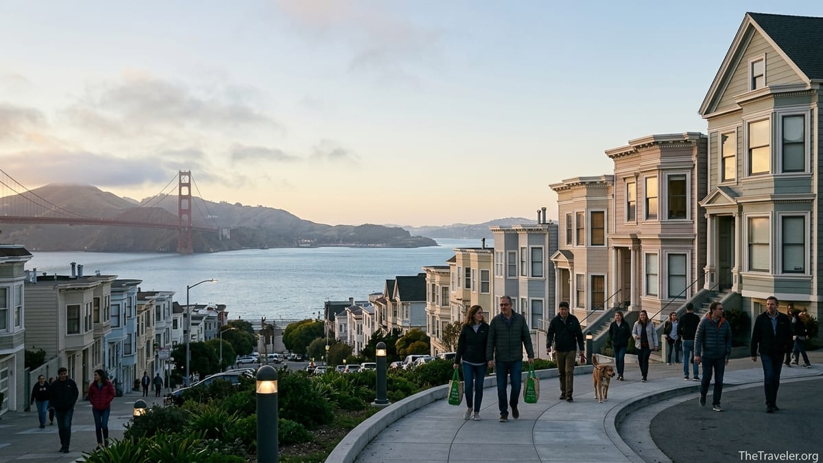 Golden Gate Bridge and San Francisco waterfront at golden hour with Victorians in the foreground.