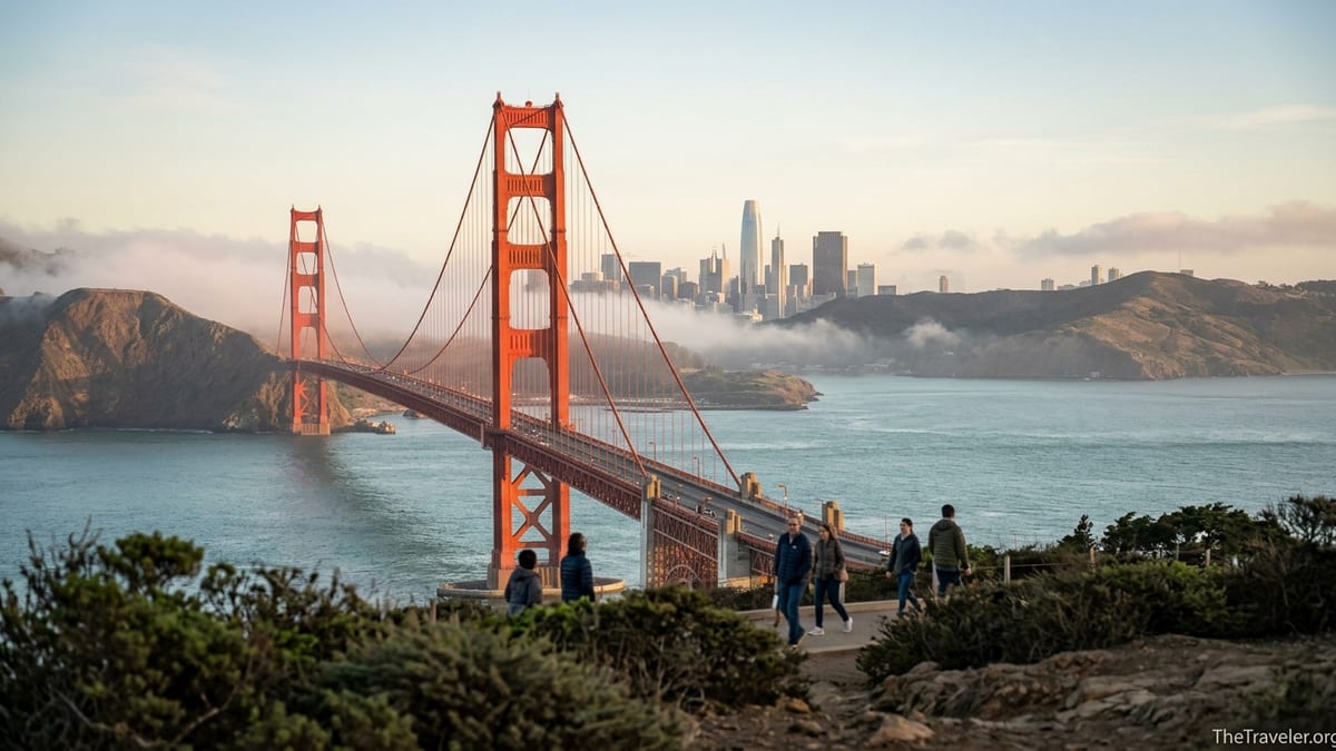 Golden Gate Bridge at golden hour with light fog and San Francisco skyline in the distance.