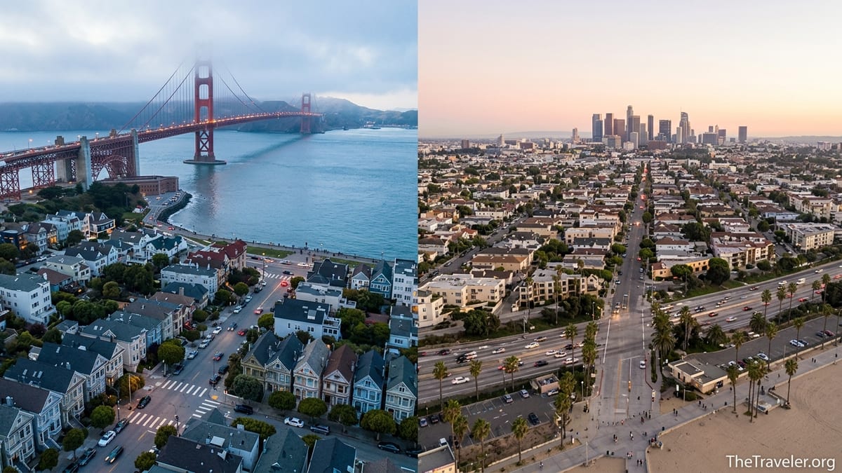 Aerial split view of San Francisco’s bay and Los Angeles’ palm-lined skyline at sunset.
