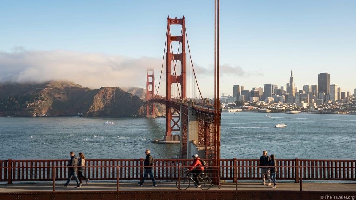 Golden Gate Bridge at sunset with San Francisco skyline and light fog
