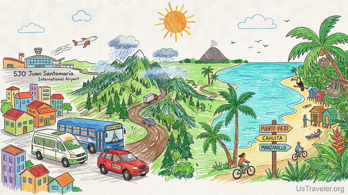 Shuttle van and rental car on the mountain road from San José to Puerto Viejo in Costa Rica.
