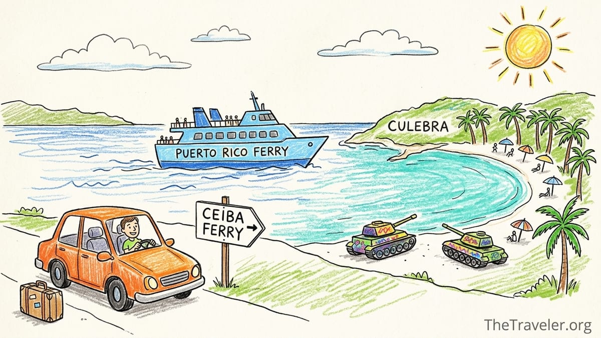 Flamenco Beach in Culebra with white sand, turquoise water, and the famous graffiti-painted tanks.