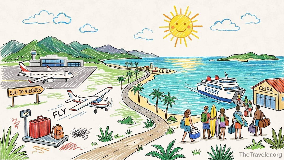 Cape Air-style small plane and Ceiba ferry options for traveling from San Juan to Vieques with luggage