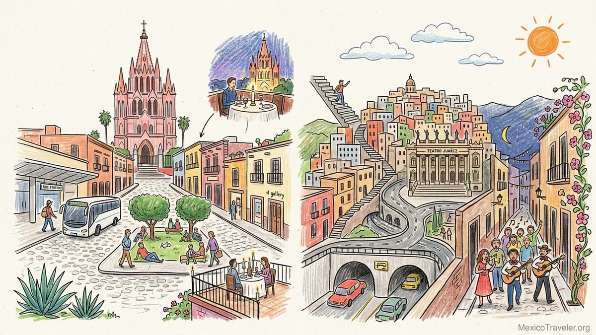 San Miguel de Allende and Guanajuato streets at golden hour, cobblestones, Parroquia spires and colorful hillside homes