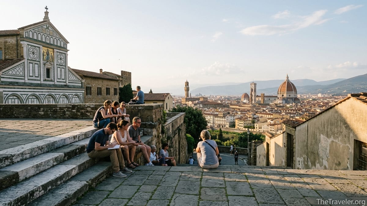 View from San Miniato al Monte terrace with basilica façade and Florence skyline at sunset.