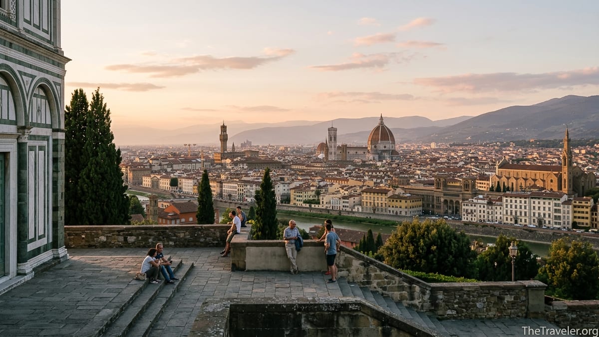 Sunset view over Florence from the terrace of San Miniato al Monte with locals sitting on the steps.