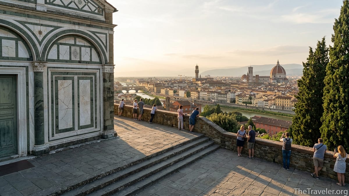 View from San Miniato al Monte terrace over Florence at sunset with Duomo dome.