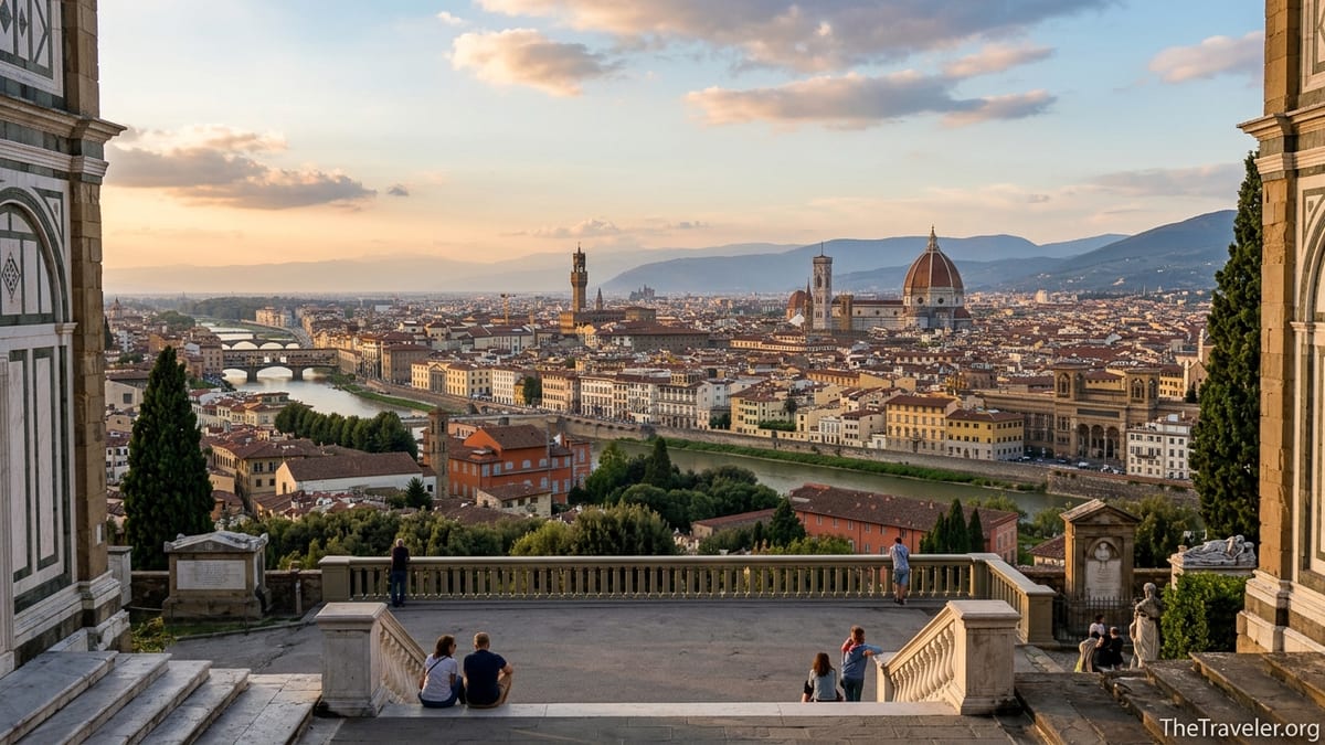 View over Florence at golden hour from San Miniato al Monte terrace above the city.