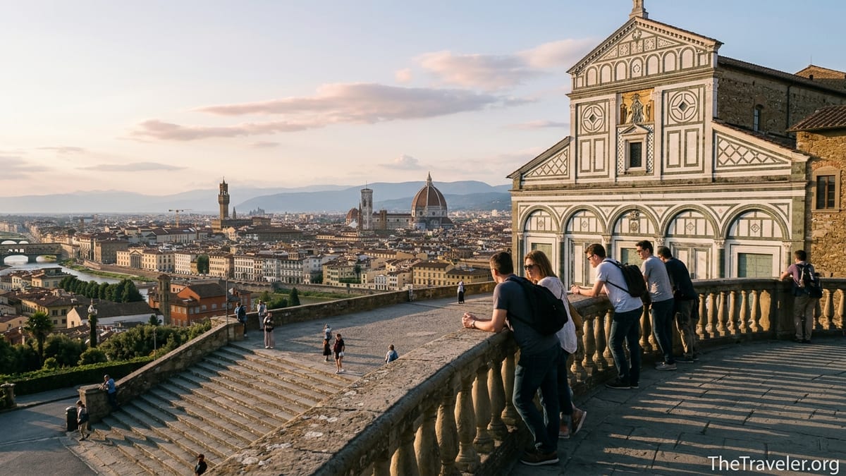View from San Miniato al Monte terrace overlooking Florence skyline at sunset.