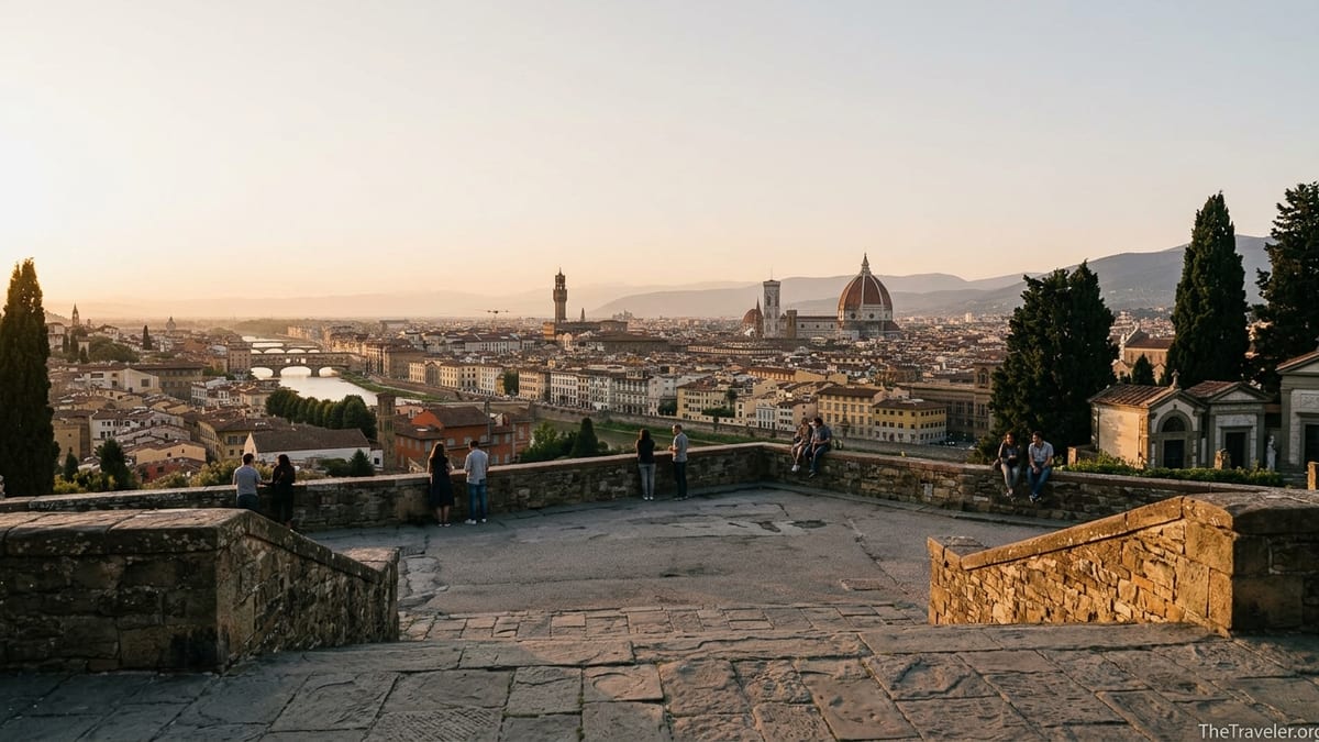 Quiet terrace at San Miniato al Monte overlooking Florence at sunset.
