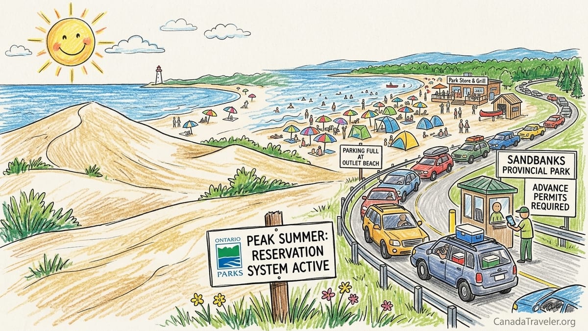Crowded summer day at Sandbanks Provincial Park with dunes, beach umbrellas, and Lake Ontario shoreline.