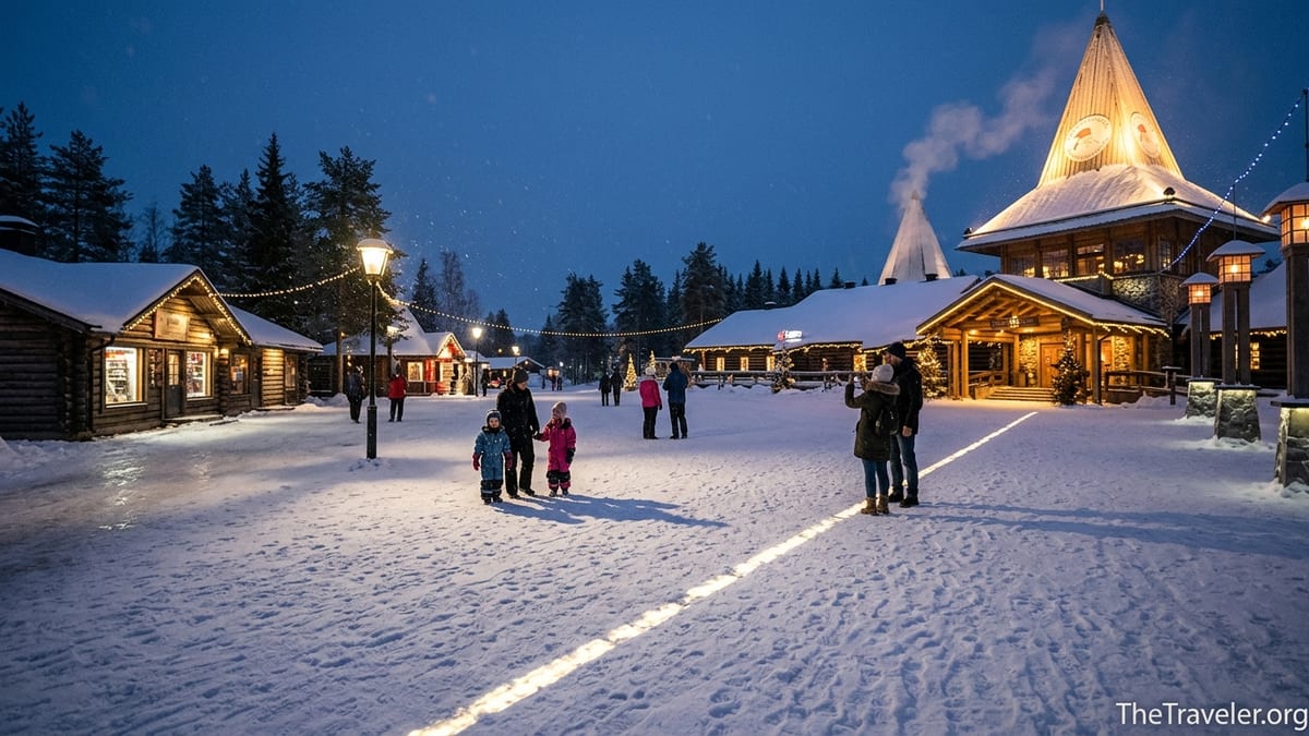 Snowy evening at Santa Claus Village with Arctic Circle line and lit log cabins in Finnish Lapland.