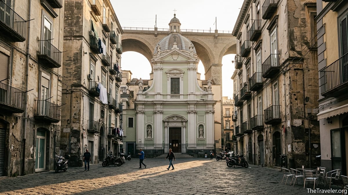 Façade of Santa Maria della Sanità basilica in Naples framed by apartments and the Sanità bridge.