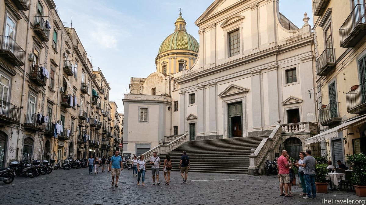Basilica of Santa Maria della Sanità rising over a busy piazza in Naples’ Rione Sanità district.