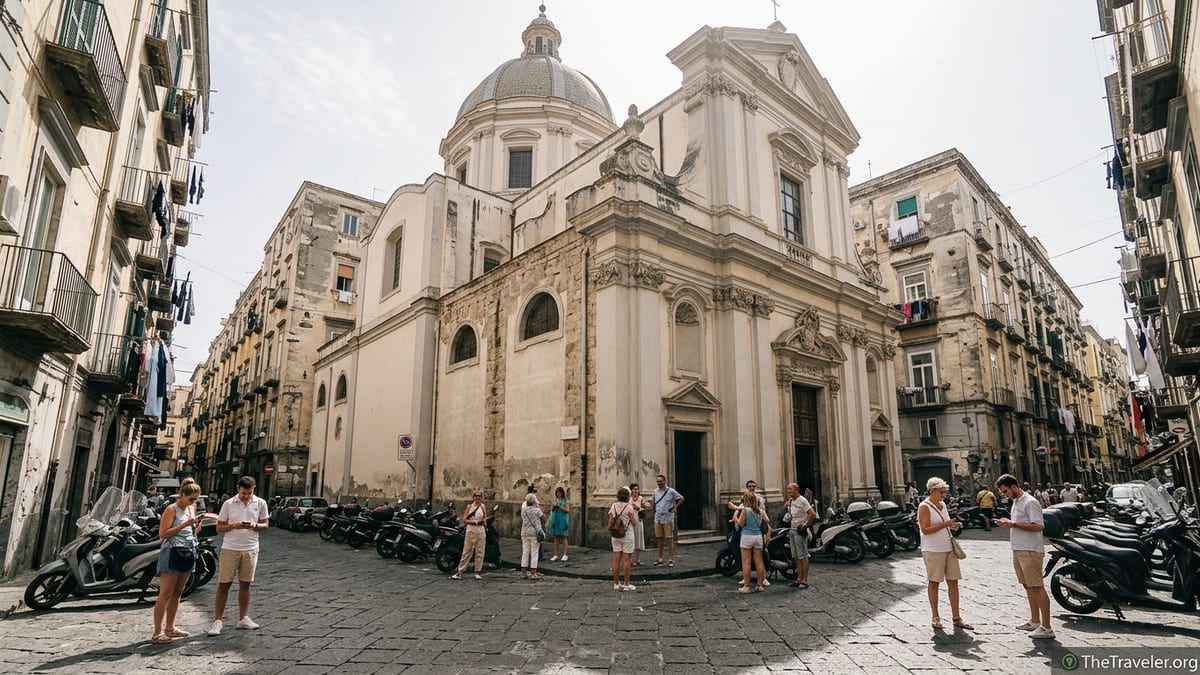 Facade of Santa Maria della Sanità church with locals and tourists in a lively Naples street scene.