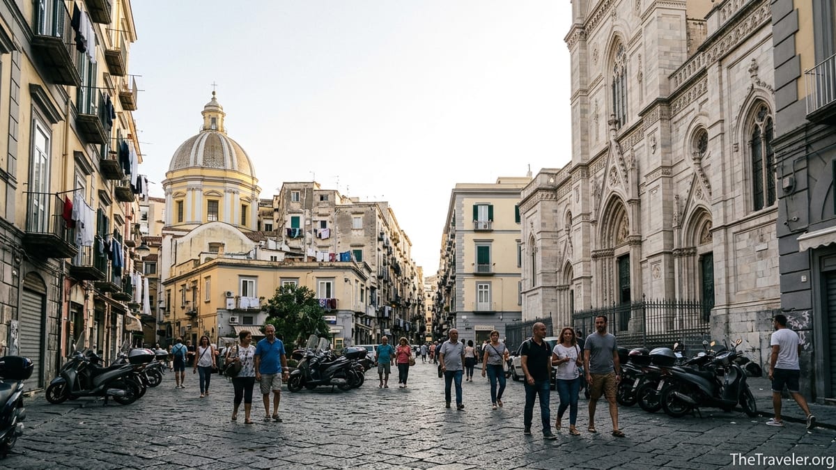 Street-level view of Naples Cathedral and surrounding neighborhood on a sunny afternoon.