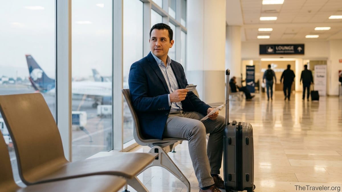 Traveler at Mexico City airport holding a credit card with an Aeromexico jet outside the window.