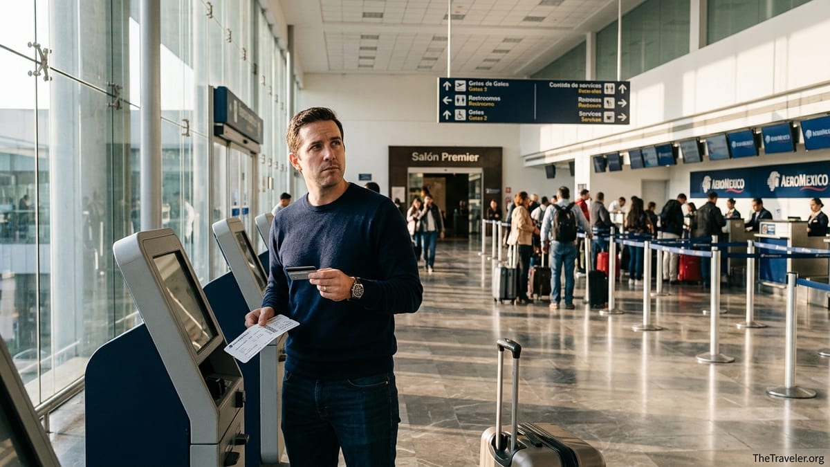 Traveler in Mexico City airport holding a credit card, hesitating near an Aeromexico lounge entrance.