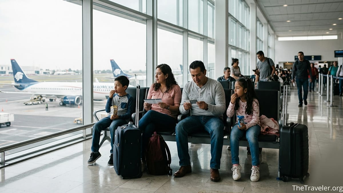 Family at Mexico City Airport reviewing a Santander Aeromexico Platinum card before an international flight.