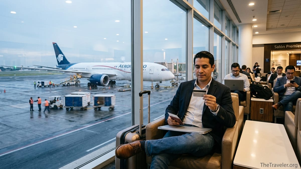 Traveler holding a credit card near an Aeromexico gate window at Mexico City airport