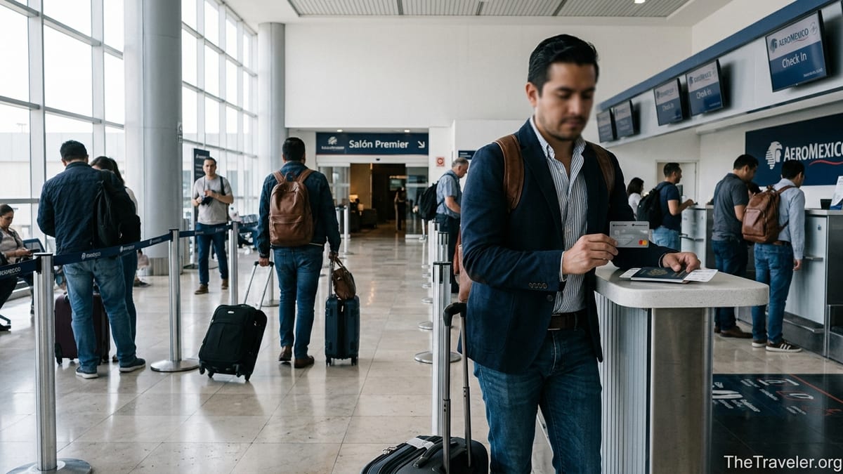 Traveler at Mexico City airport holding a Santander Aeromexico Platinum card at check in.