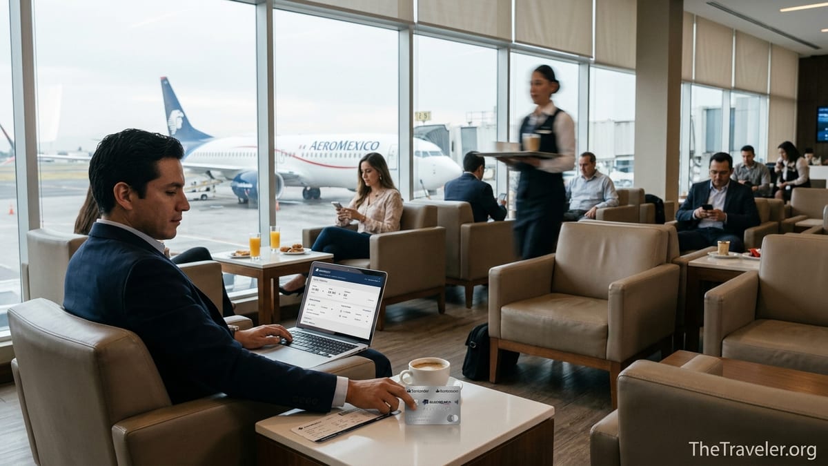 Traveler using a Santander Aeromexico Platinum card in an Aeromexico airport lounge.