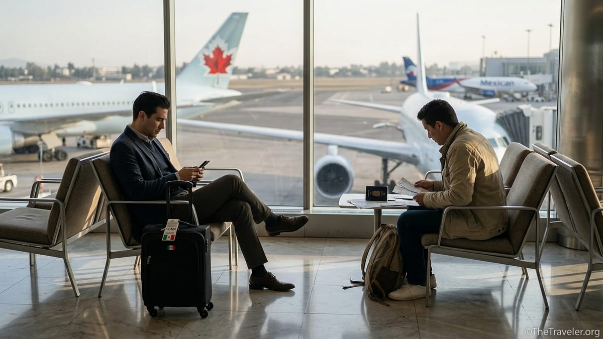 Travelers in an airport lounge overlooking Air Canada and Mexican aircraft on the tarmac.