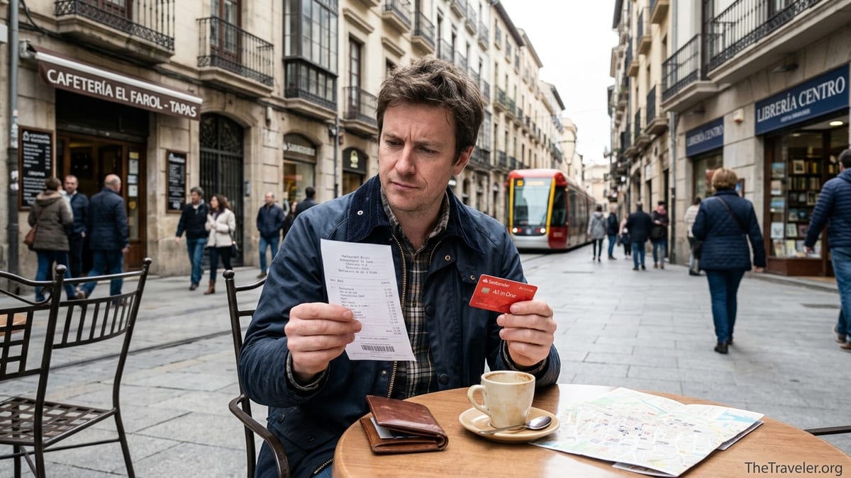 Traveler at a European café checking a bill while holding a Santander credit card.