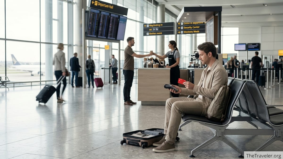Traveler using a Santander credit card at an airport coffee kiosk before a flight.