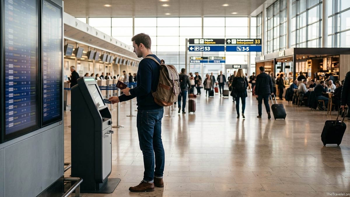 Traveler holding a credit card at an airport check in kiosk with departures board behind.
