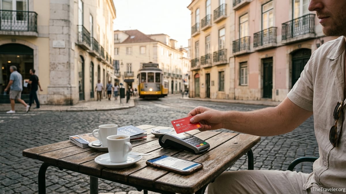 Traveler paying with a Santander credit card at a European café table outdoors
