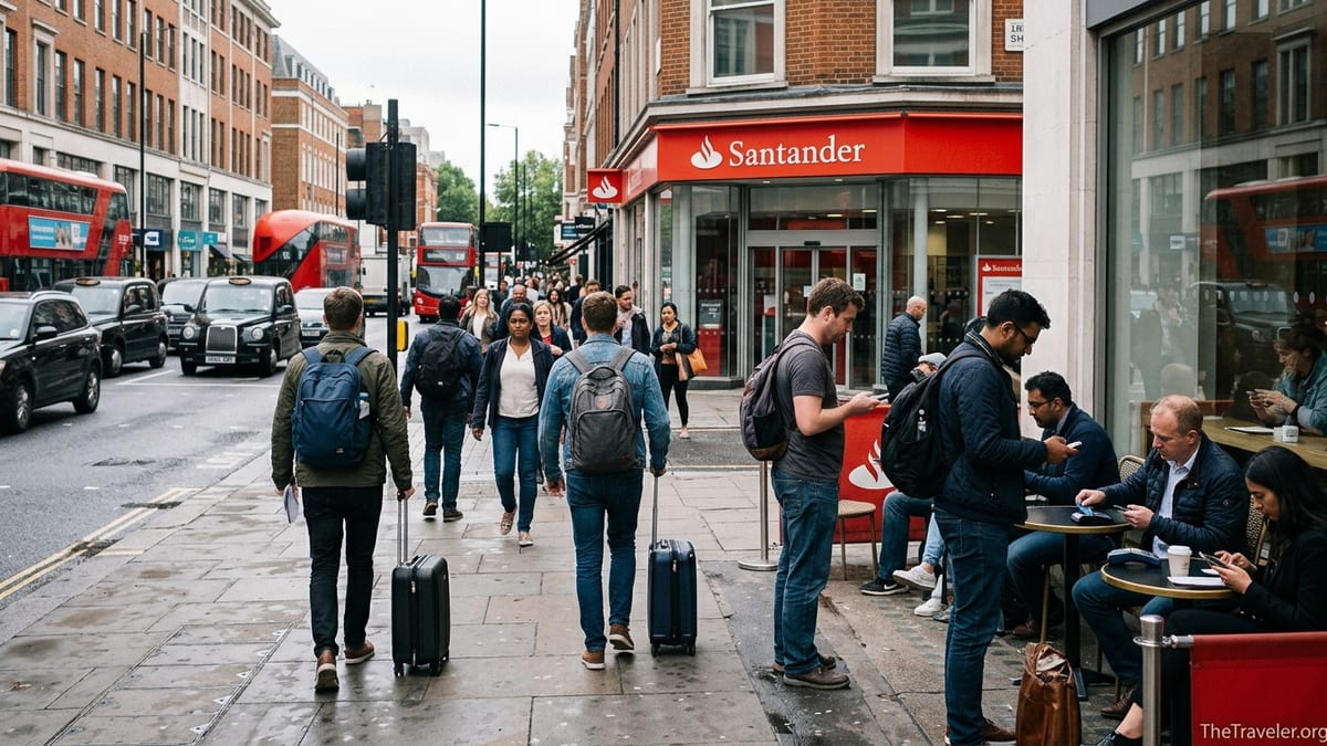 Travellers walking past a Santander branch on a busy London street with luggage