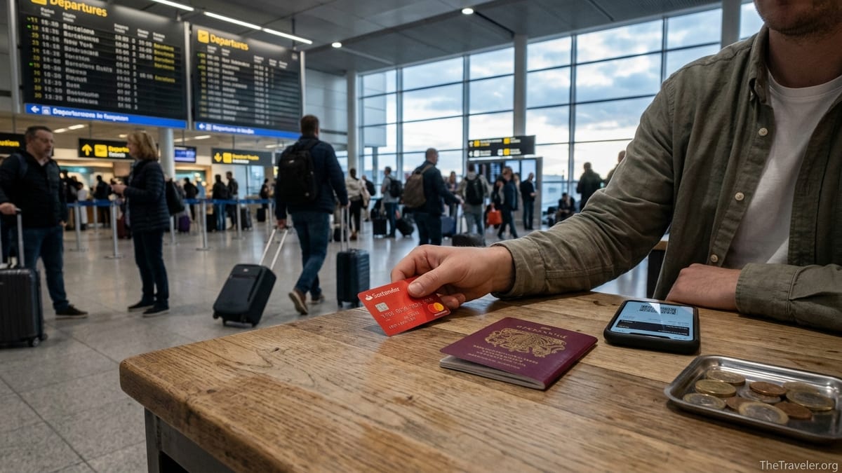 UK traveler using a Santander credit card at an airport café with passport and euros on the table.