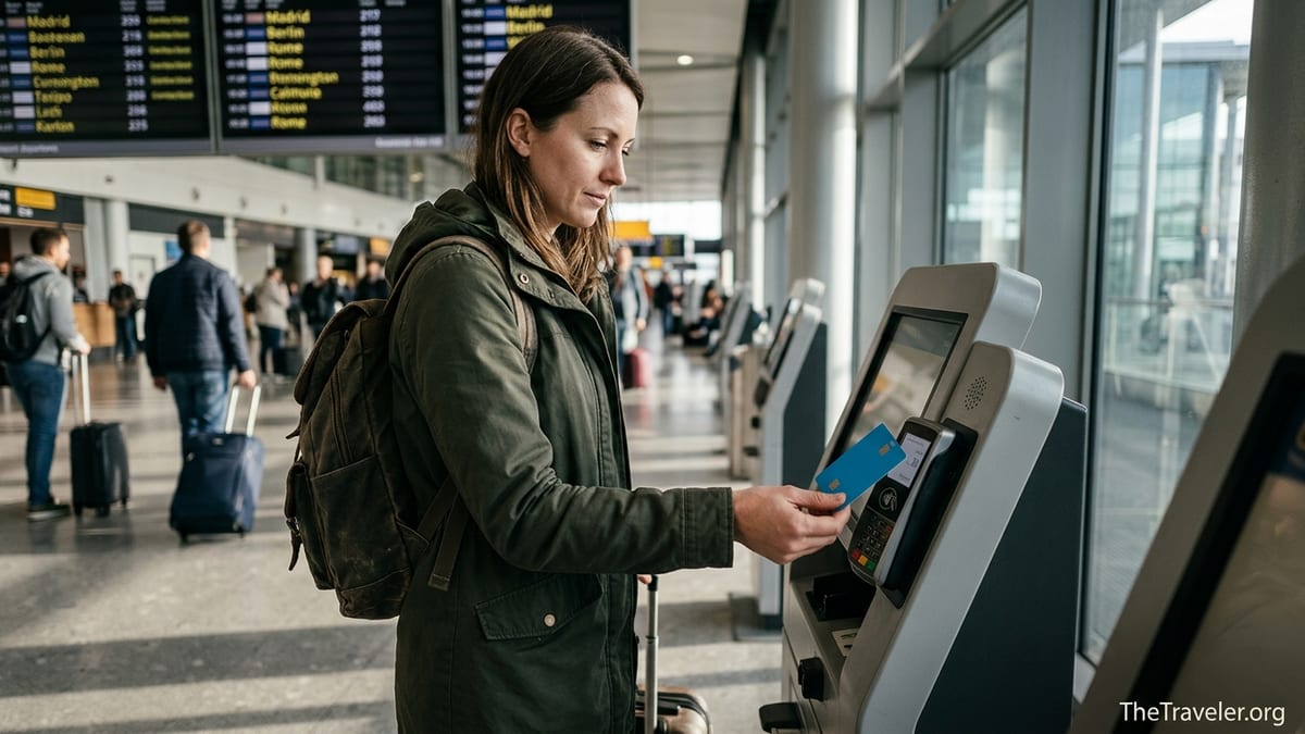 Traveller paying at an airport kiosk with a credit card before boarding an international trip.