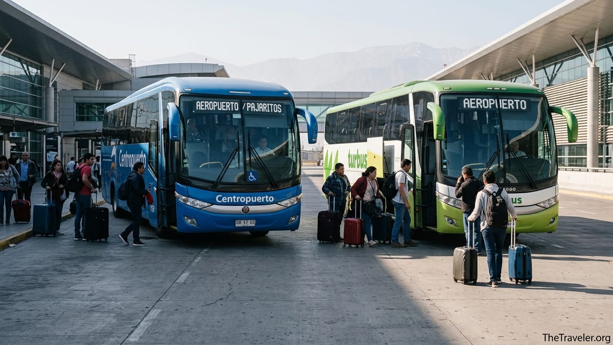 Travelers boarding airport buses at Santiago airport intermodal station on a sunny day.