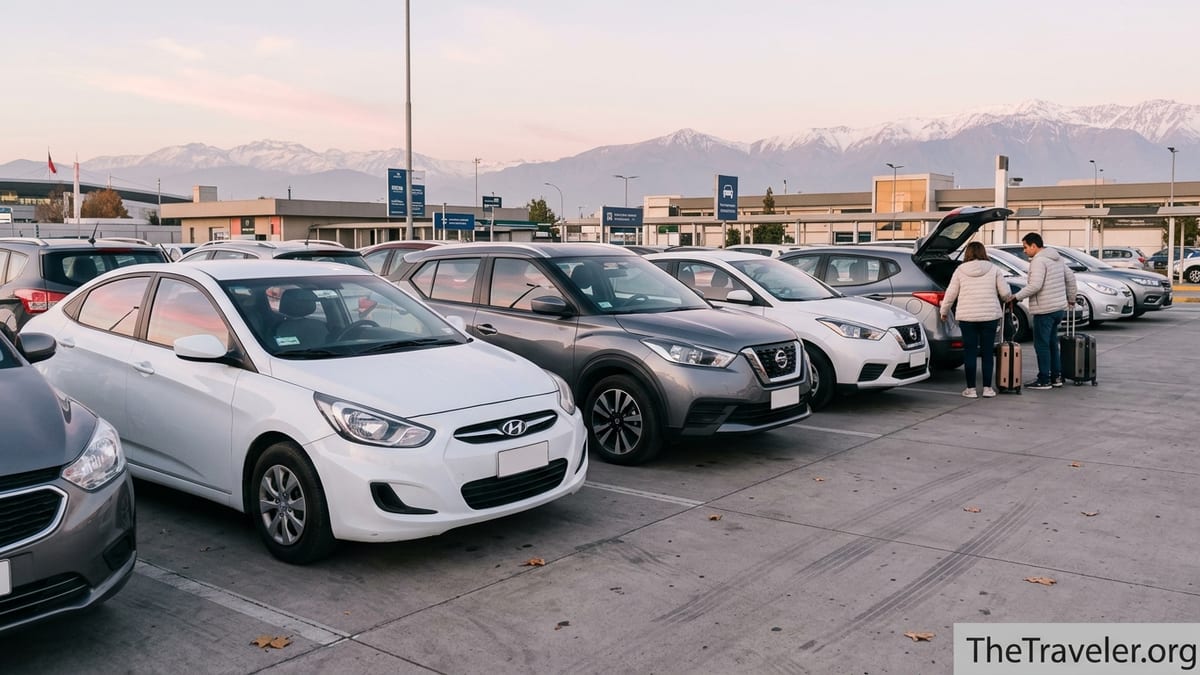Rental cars at Santiago airport lot at sunrise with Andes mountains in background.