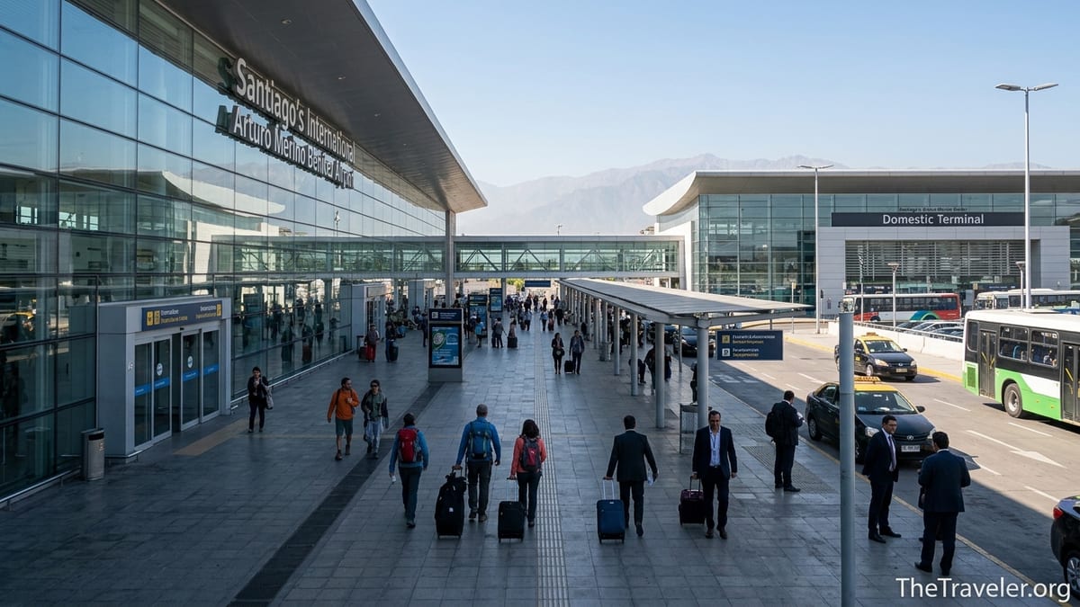 Travelers walking between domestic and international terminals at Santiago Airport with the Andes in the background.