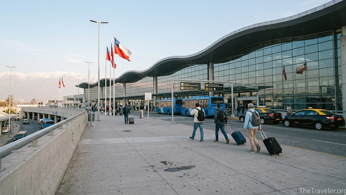 Exterior of Santiago’s Arturo Merino Benítez Airport with buses, taxis and travelers.