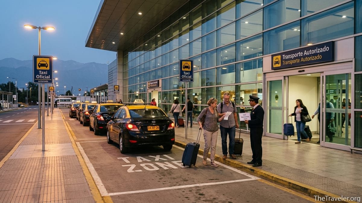 Official taxis waiting outside Santiago’s international airport arrivals area at dusk with travelers and terminal in view.