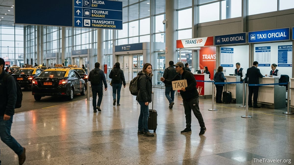 Traveler at Santiago airport ignoring an unofficial taxi tout and heading toward official taxi counters.
