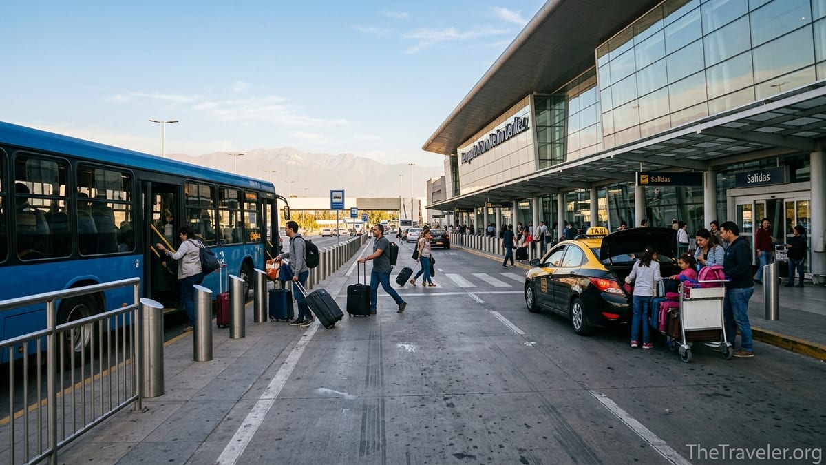 Travelers boarding an airport bus and taxi outside Santiago’s main terminal on a clear afternoon.