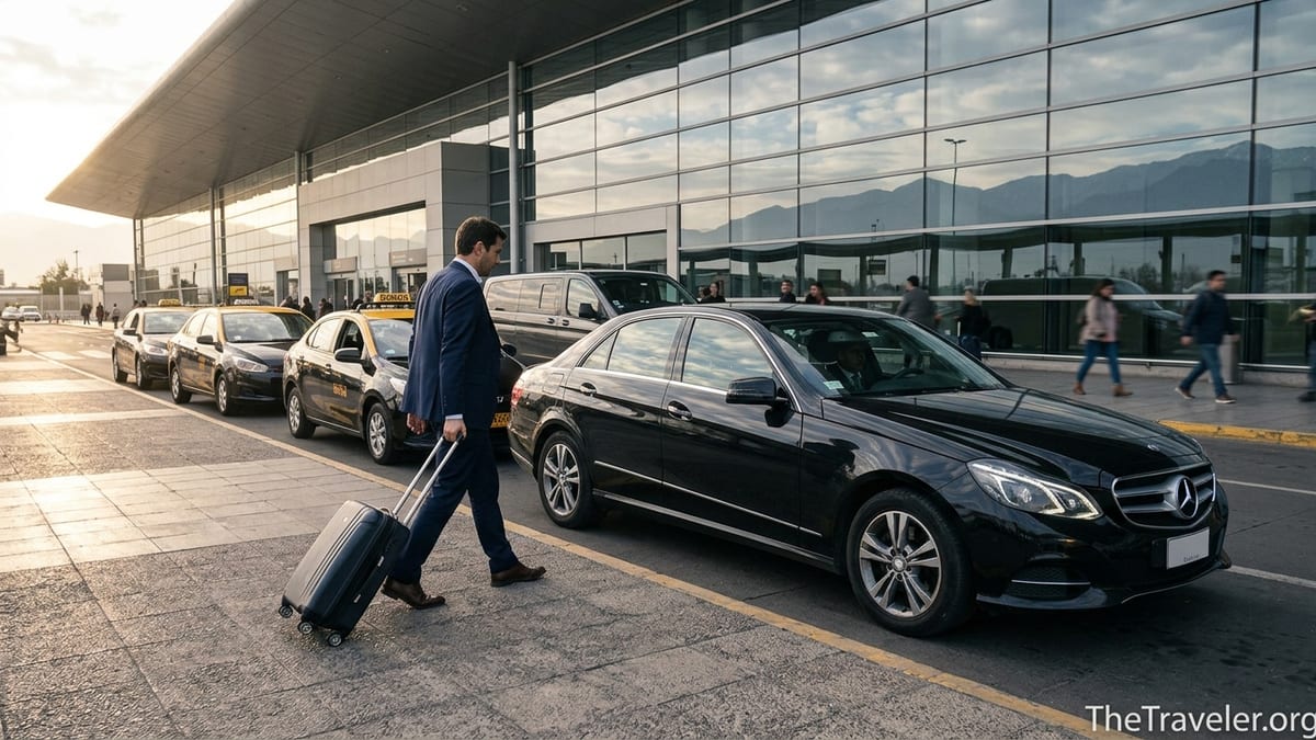 Business traveler walking to a black sedan at Santiago Airport taxi and transfer zone.