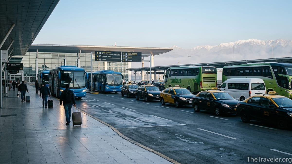 Travelers boarding airport buses and taxis outside Santiago airport at dawn with Andes in background.