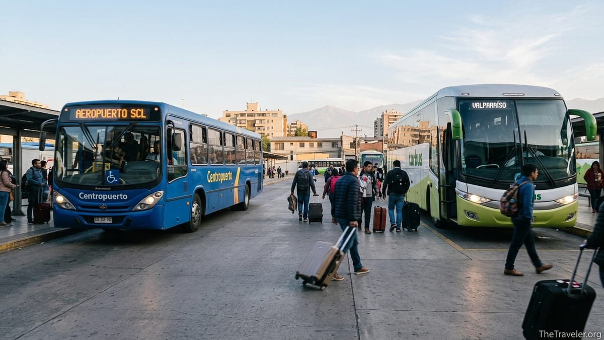 Travelers with luggage connecting between airport bus and coach to Valparaíso at Santiago’s Pajaritos station.