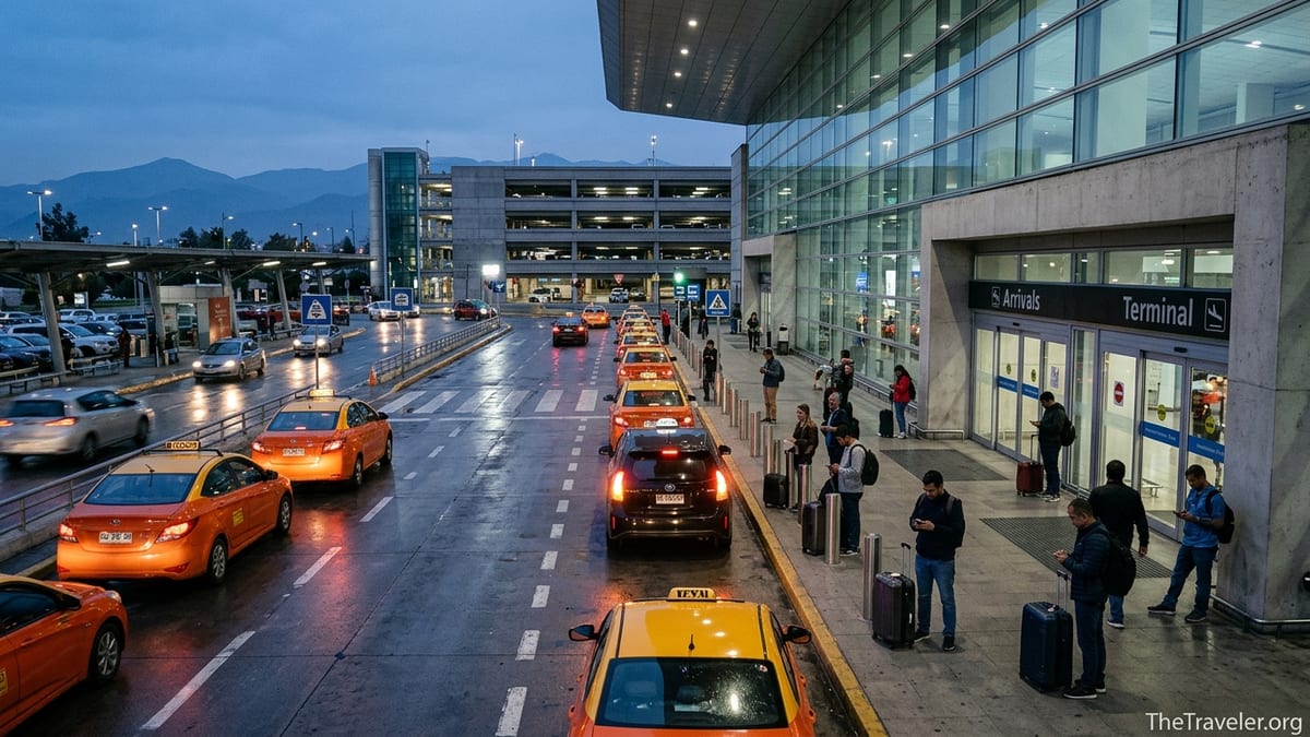 Travelers waiting for Uber and taxis outside Santiago’s international airport arrivals.