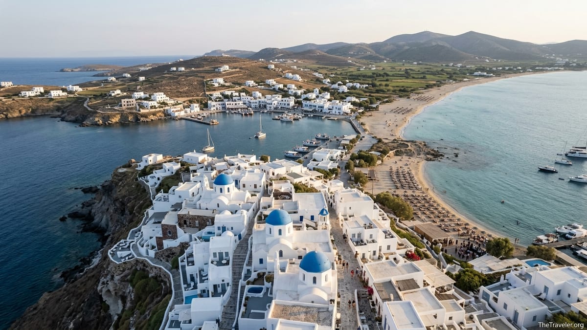 Aerial view of Cycladic villages and beaches showing cliffs, harbors and long sandy bays at sunset.