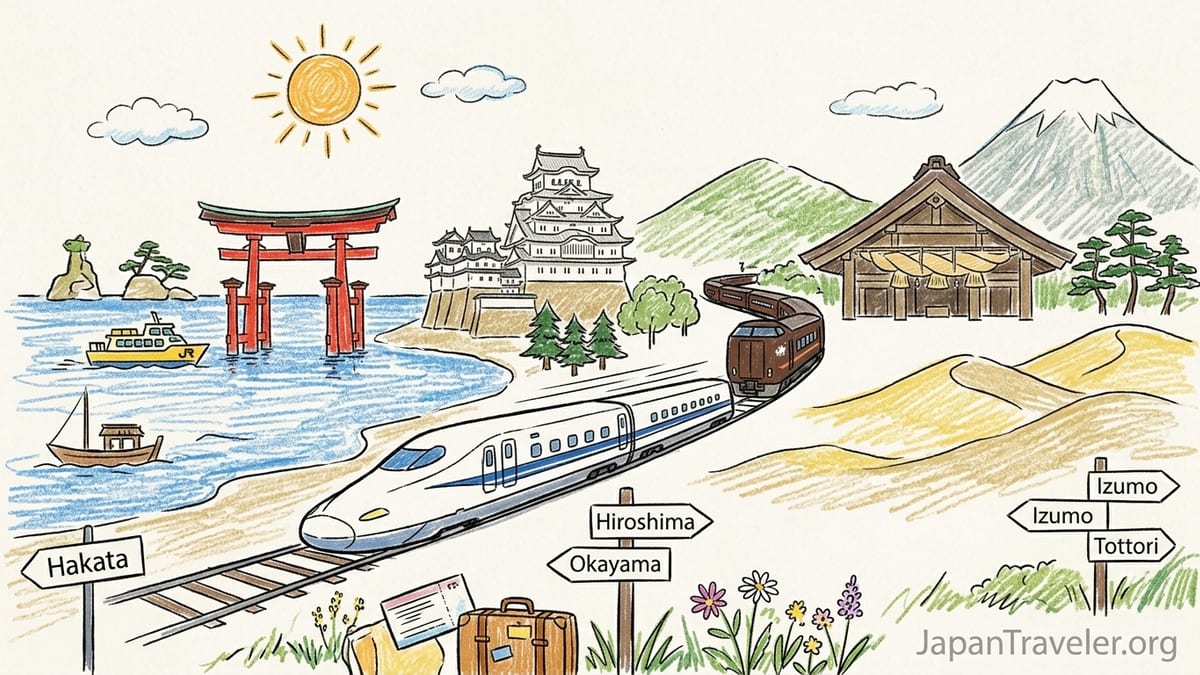 Travelers board a JR West Sanyo Shinkansen at a station platform in western Japan.
