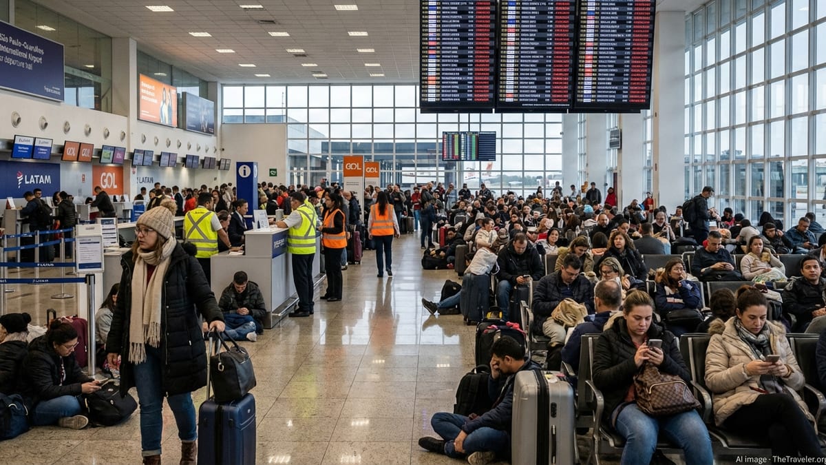 Crowds of stranded passengers waiting under delay boards at São Paulo–Guarulhos airport.