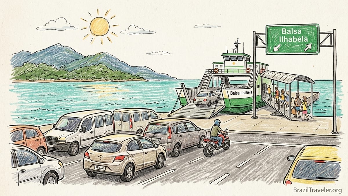 Ferry with cars and passengers crossing between São Sebastião and Ilhabela