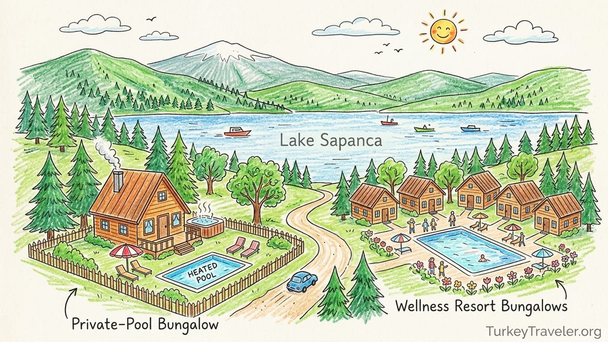 Sunrise view of Sapanca hillside bungalows with private pools overlooking Lake Sapanca in Turkey.